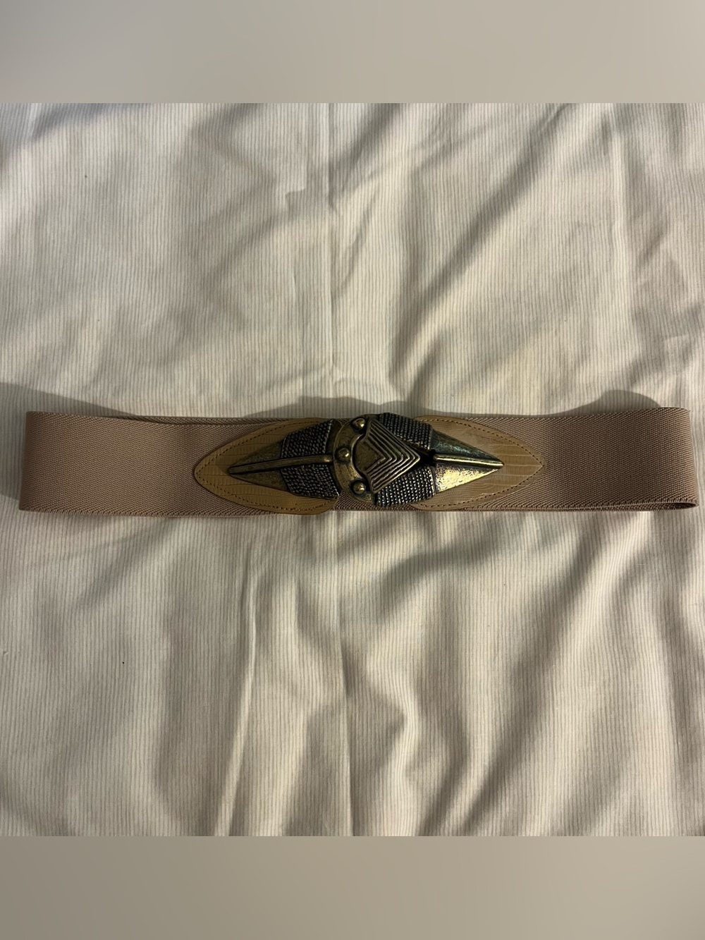 Vintage 80’s Beige Stretch Waist Belt with Decorative Brass Buckle